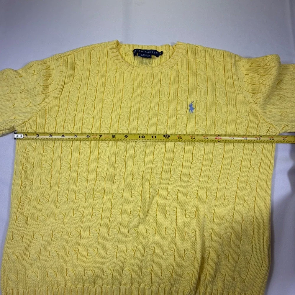 Ralph Lauren Yellow Cable Knit Cotton Sweater XL Blue Pony Crew Neck Long Sleeve